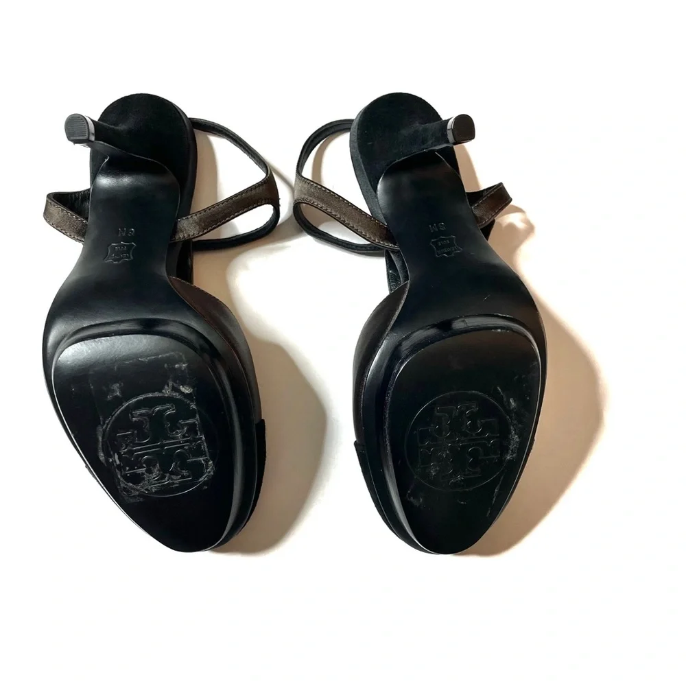 Tory Burch Black and Metallic Brown T‑Strap Heels